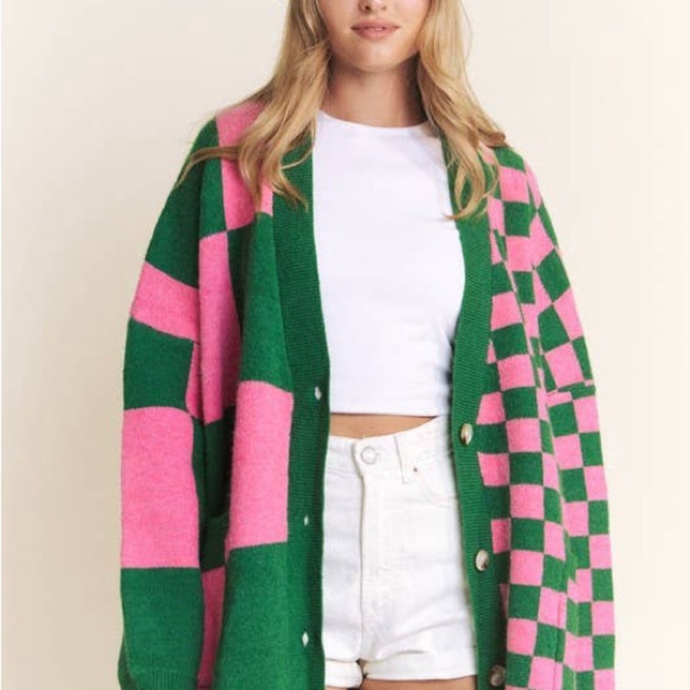 Green and Pink Checkered Women's Sweater